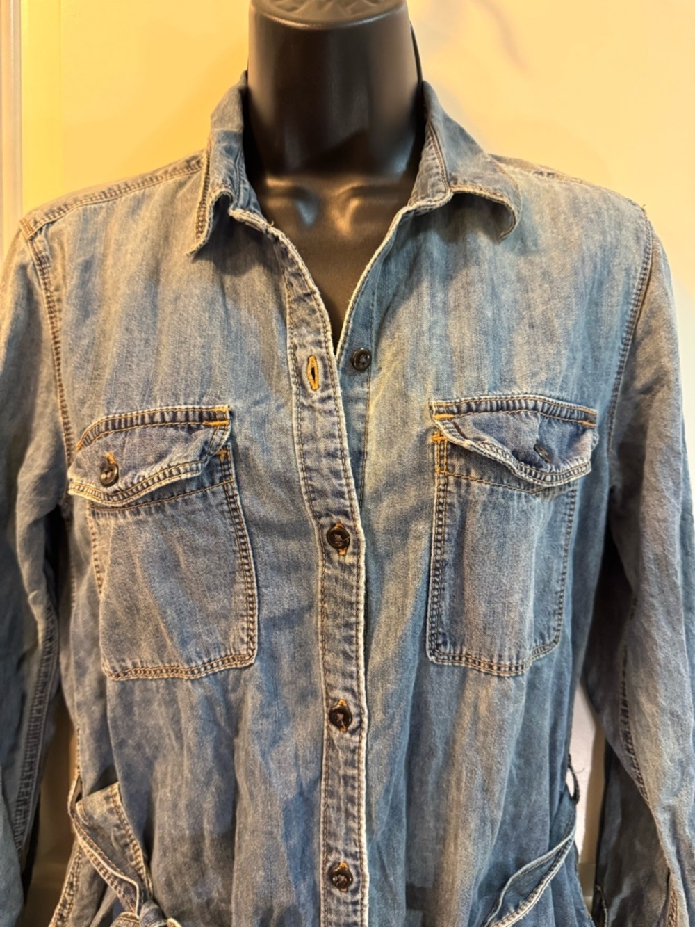 GAP 1969 Denim Shirt Dress Medium Blue Wash Long Sleeve Belted Midi - Picture 7 of 10